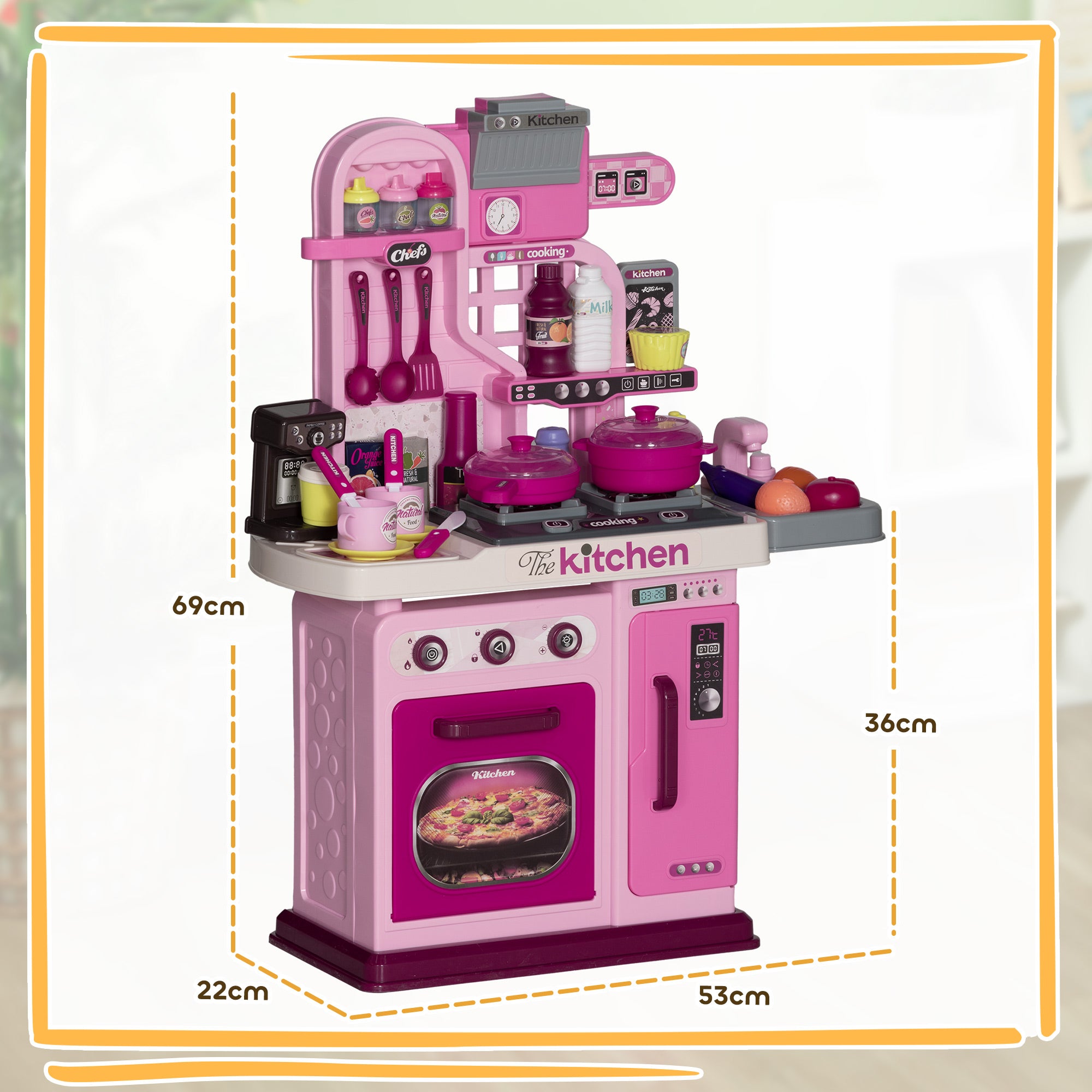33-Piece Children's Toy Kitchen with Lights, Sounds and Faucet, Made of PP and ABS, 53x22x69 cm, Pink
