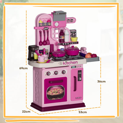 AIYAPLAY Children's Toy Kitchen of 33 Pieces with Lights, Sounds and Tap, in PP and ABS, 53x22x69 cm, Pink