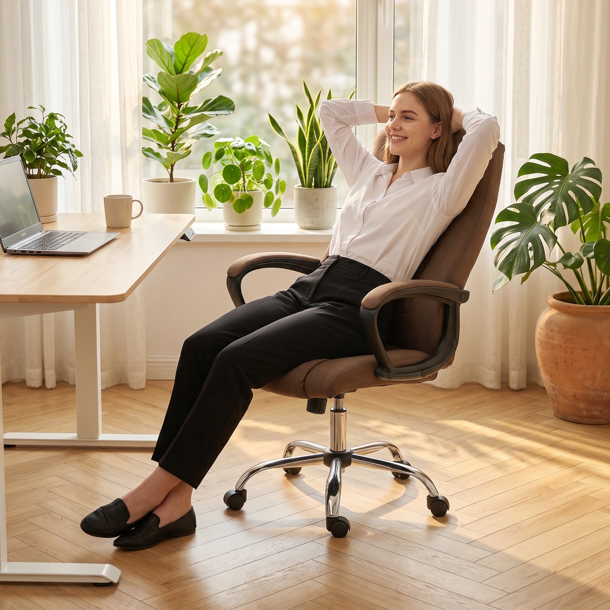 Vinsetto Ergonomic Reclining and Swivel Office Chair in Linen Effect Fabric with Headrest, Brown