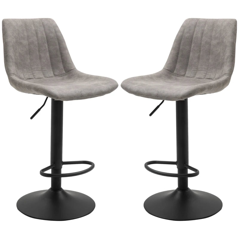 High Bar Stools with Backrest and Footrest, Set of 2, Round Metal Base and Adjustable Height, Microfiber, Grey