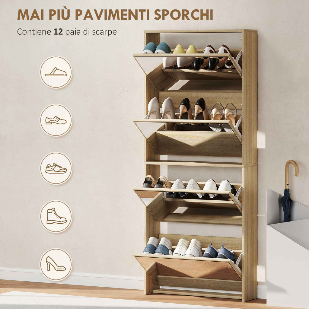 HOMCOM 4-Door Mirrored Shoe Rack, Anti-Tip, Wood Color, 63x17x146 cm