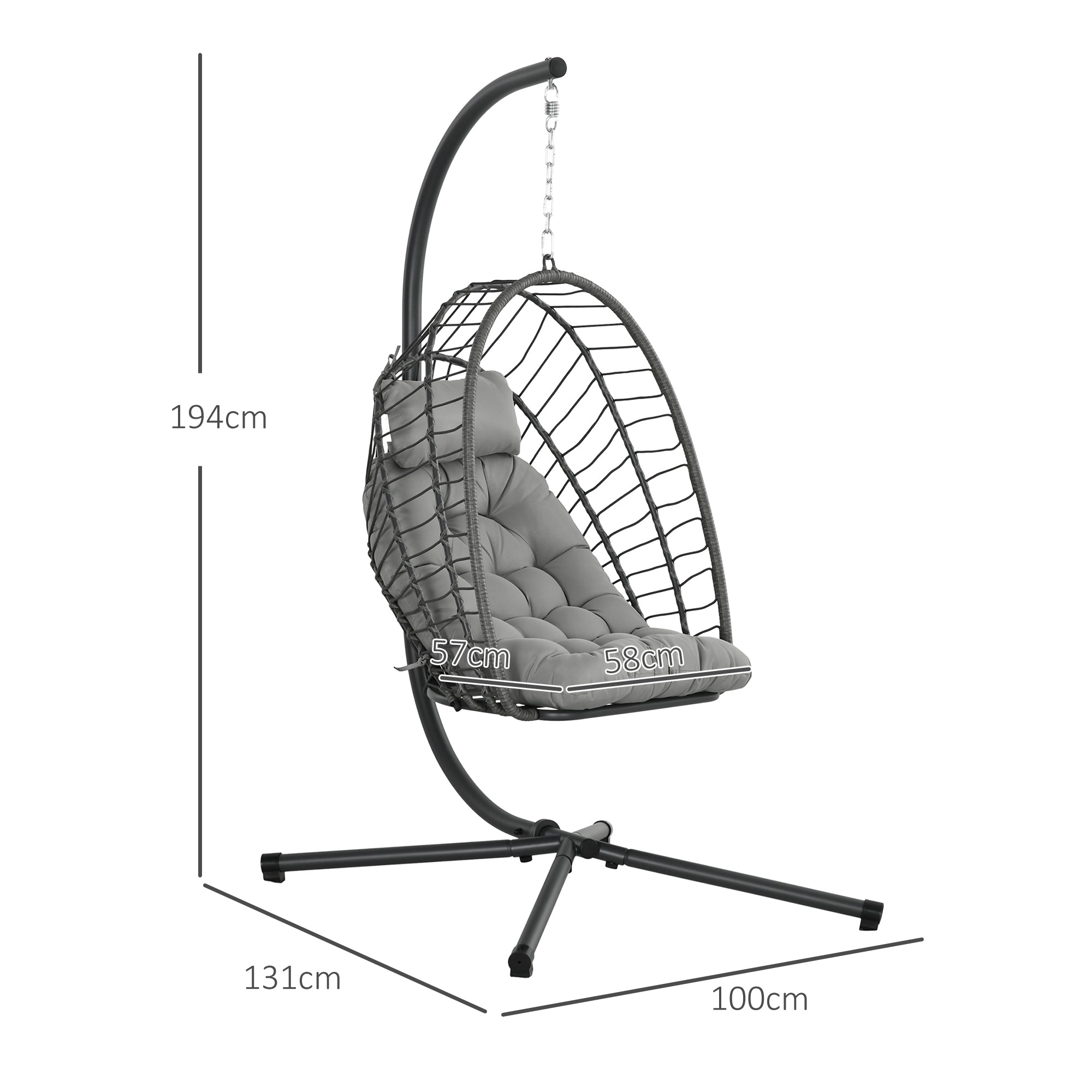 Hanging Armchair in PE Rattan with Cushion, Folding Seat and Steel Structure, Grey - Borgè