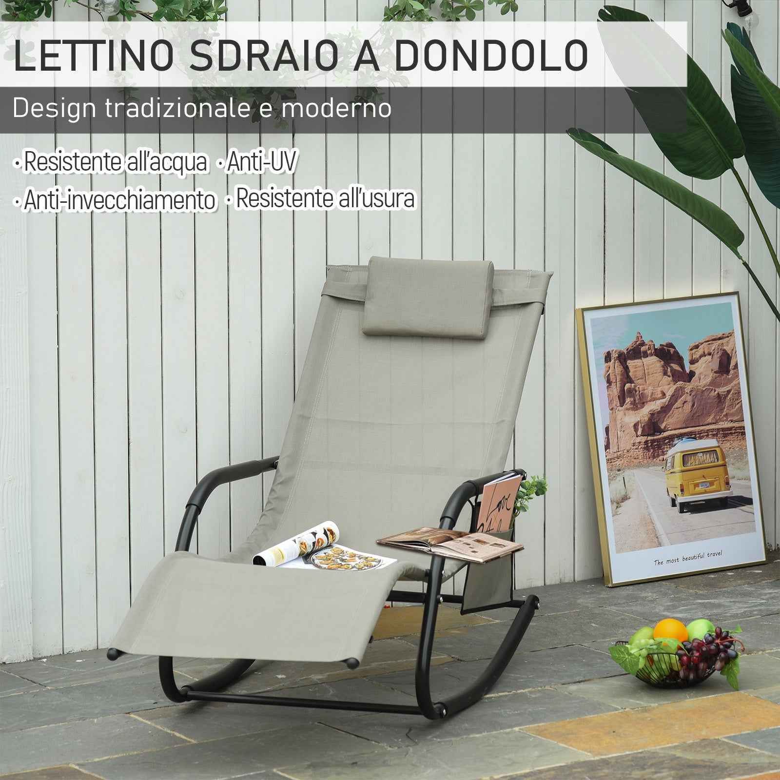 Outsunny Garden Rocking Chair with Headrest and Side Pocket, 150x62x88 cm, Black and Grey