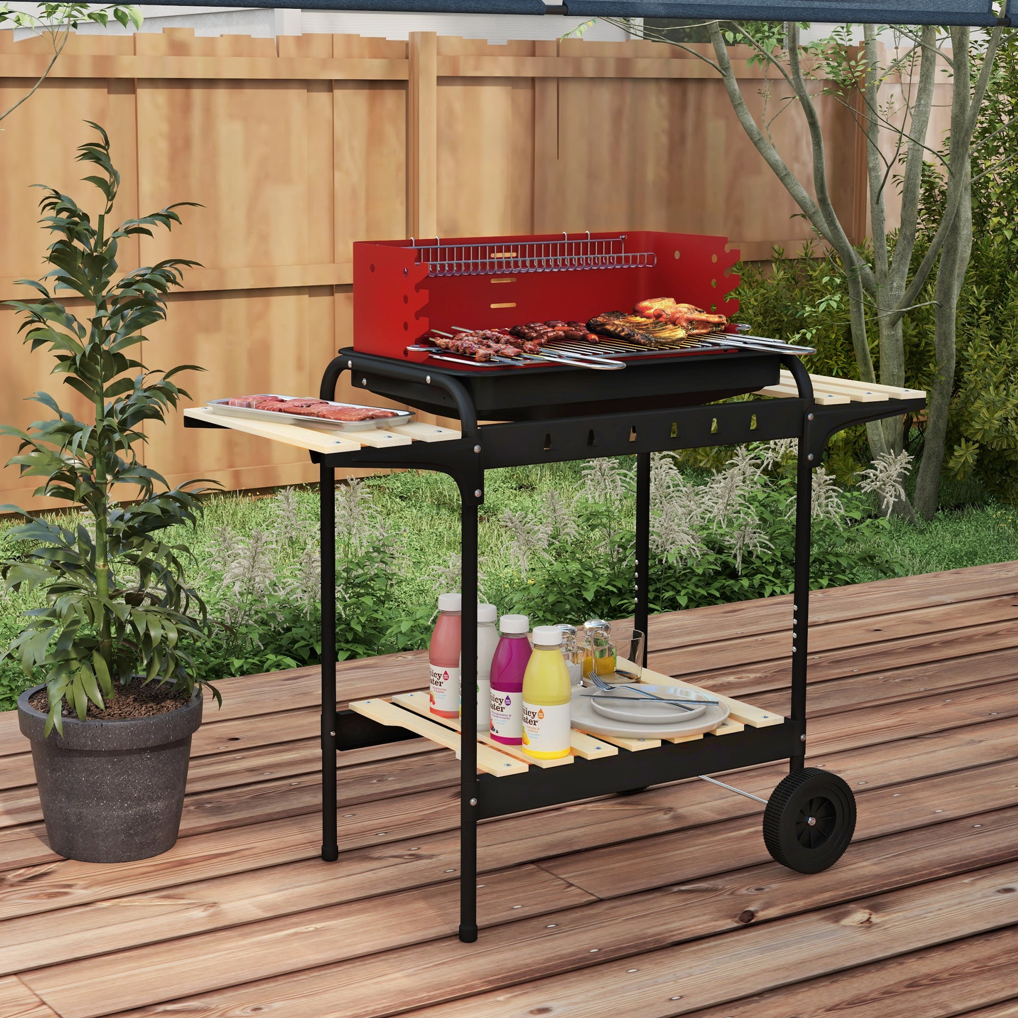 Charcoal Barbecue with Adjustable Grill and 3 Wooden Metal Shelves, 103x47x95 cm, Red