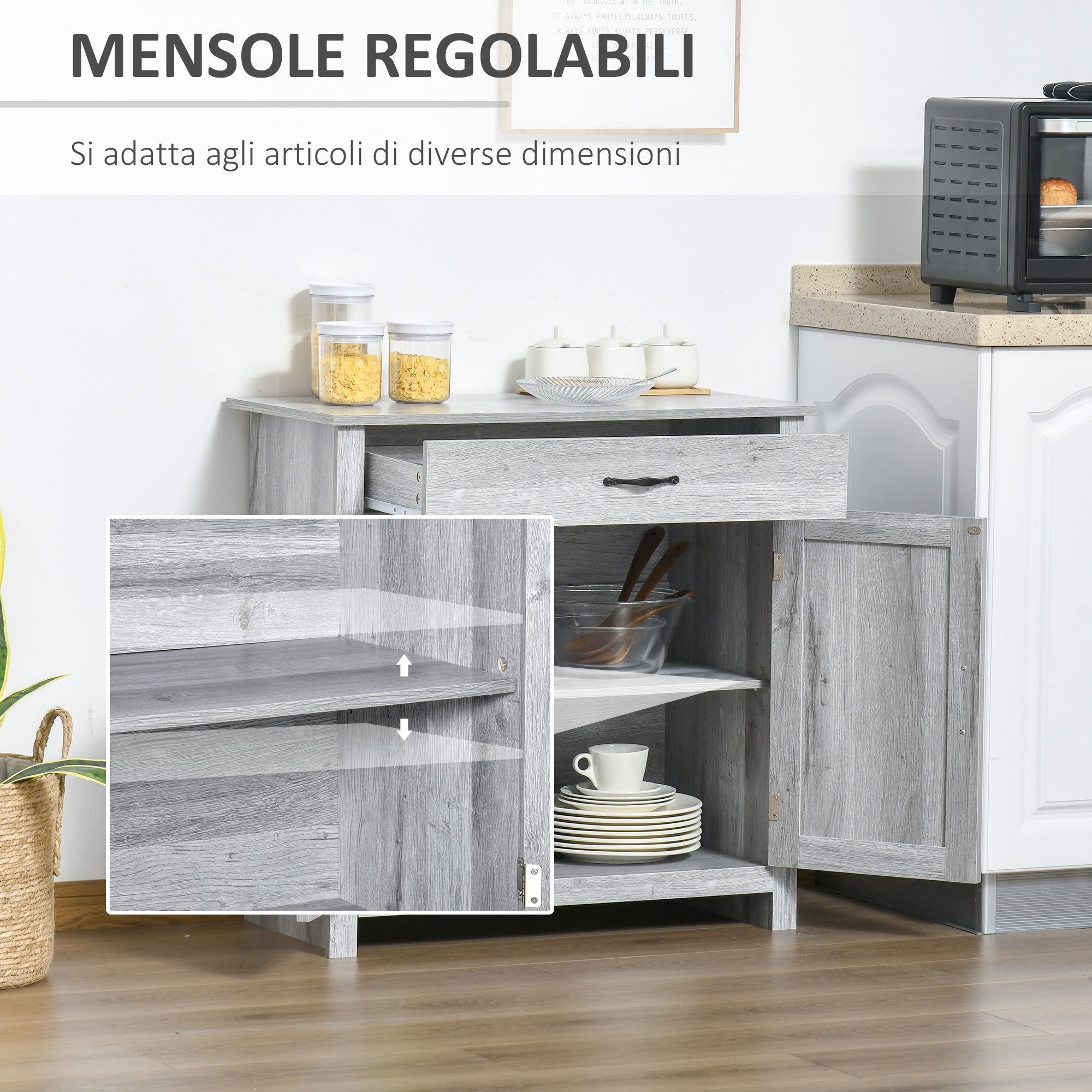 Country Kitchen Sideboard with 2-Door Cabinet and Drawer, 80x39.7x80cm, Grey