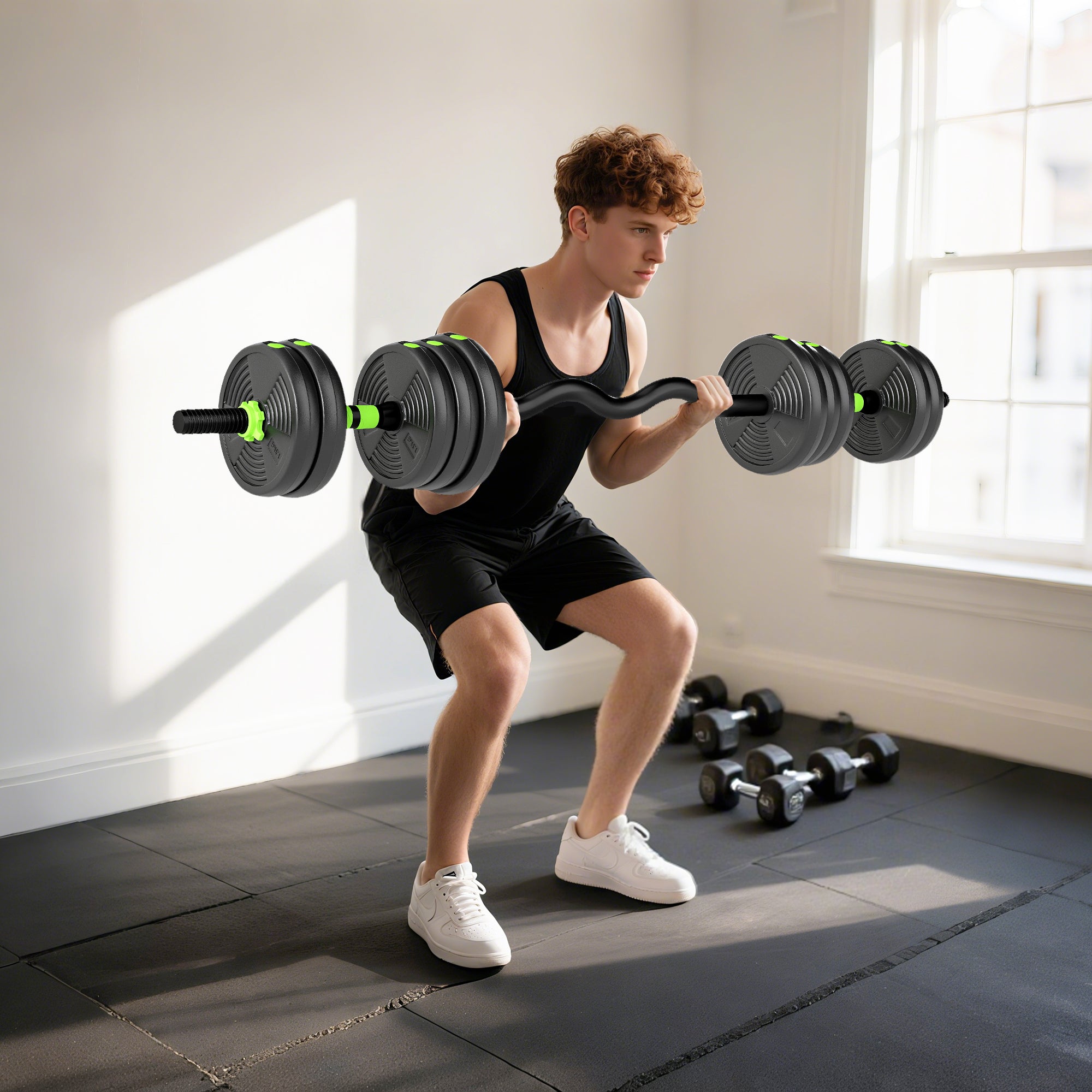 SPORTNOW 3-in-1 Barbell Set with 16 Weight Plates and Non-Slip Handle, 140x20x20 cm, Green