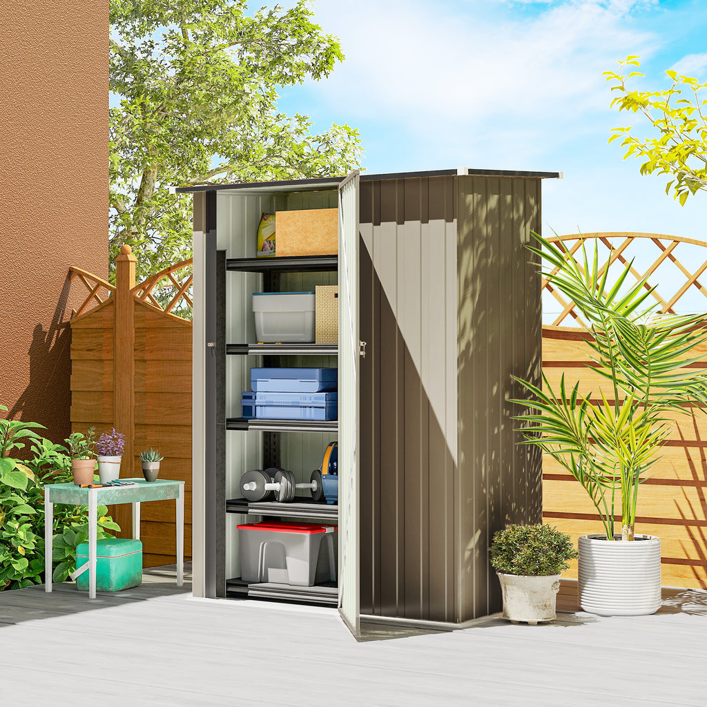 Outsunny Metal Tool Shed with Sloped Roof and Lockable Door, 142x86x189 cm, Brown