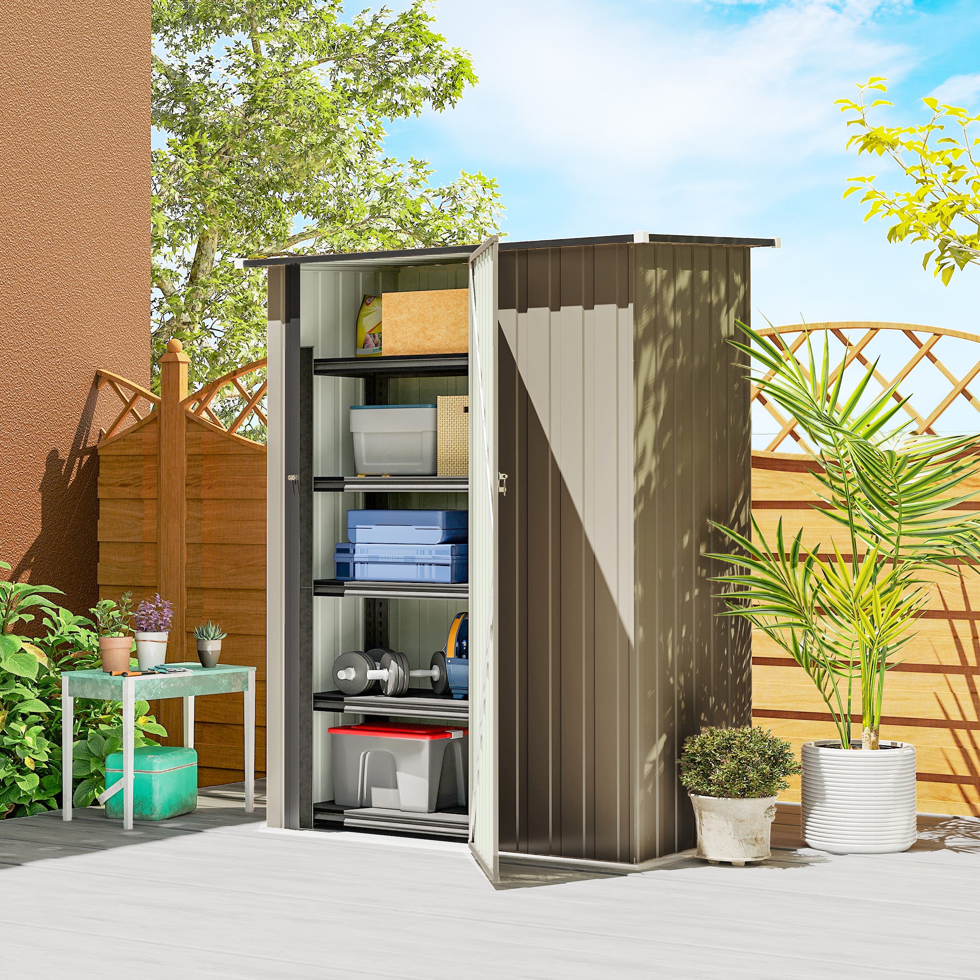 Outsunny Metal Tool Shed with Sloped Roof and Lockable Door, 142x86x189 cm, Brown