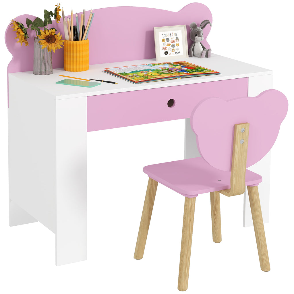 Children's Desk Set with Drawer and Chair with Teddy Backrest, Ages 3-8 Years, Pink