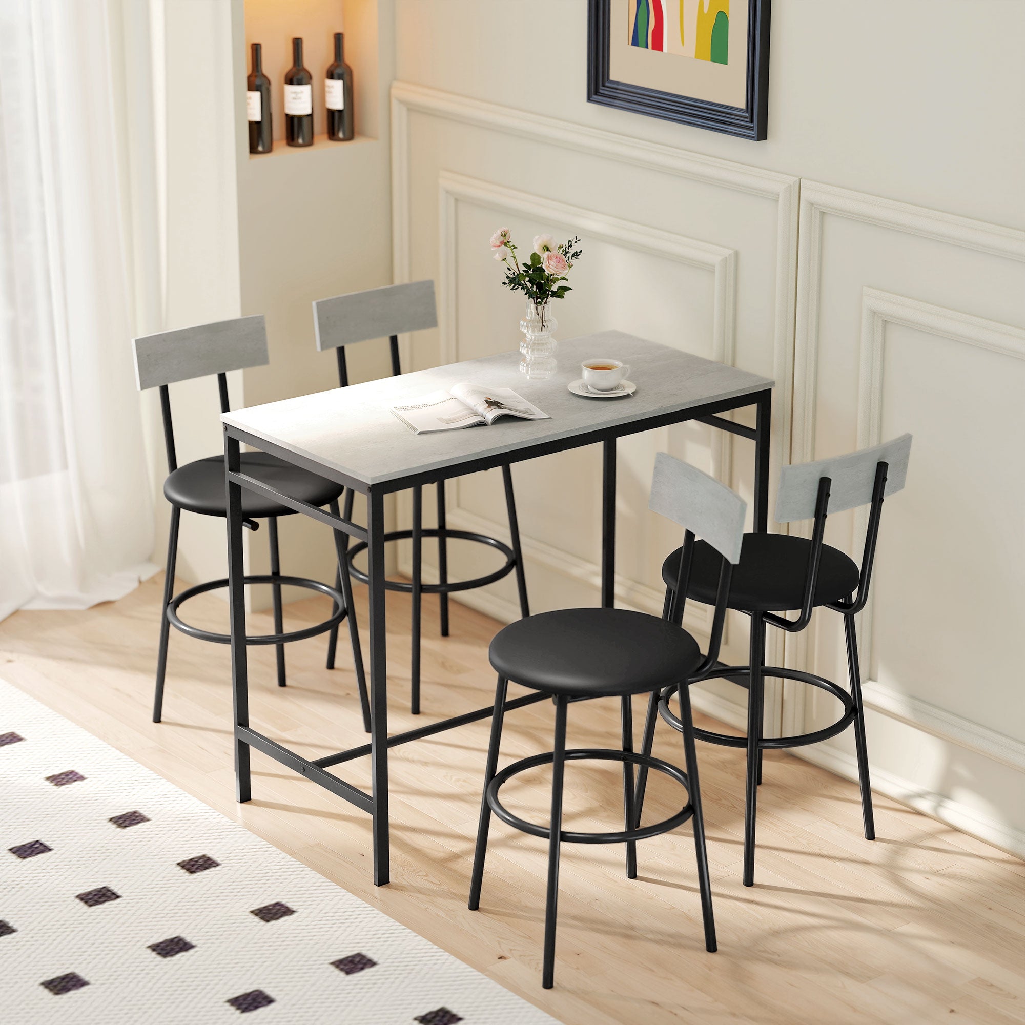 Industrial Style High Table and 4 Bar Stools Set with Backrest and Footrest, Cement Grey