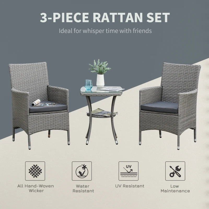 3-Piece Outdoor Garden Set in PE Rattan and Steel, Set of 2 Chairs with Washable Cushions, Armrests, Coffee Table with Glass Top, Garden Lounge for Balcony Patio Backyard, Grey - Borge' Group Limited