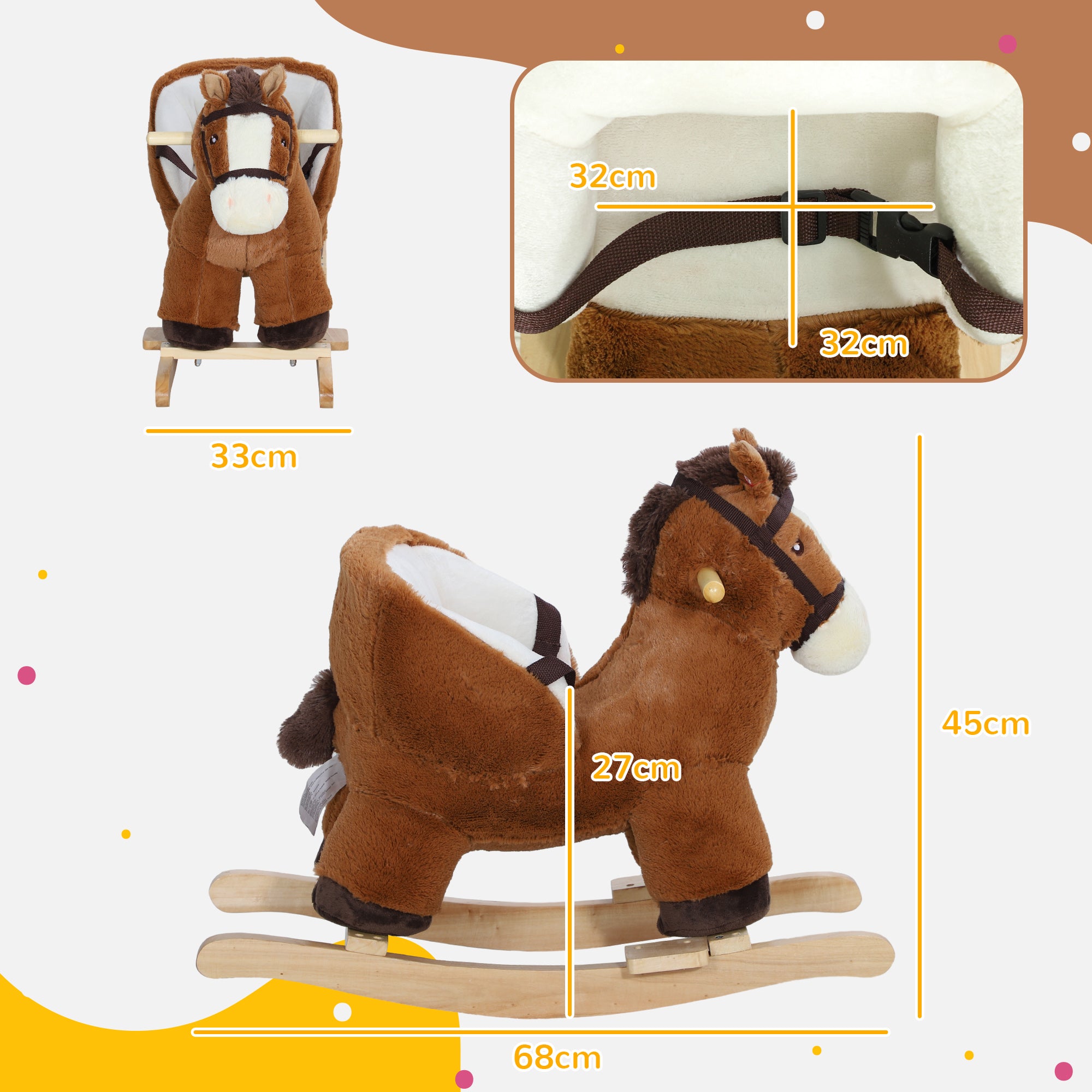 Rocking Horse for Babies 18-36 Months with Sounds, Wooden Base and Safety Belt, Brown