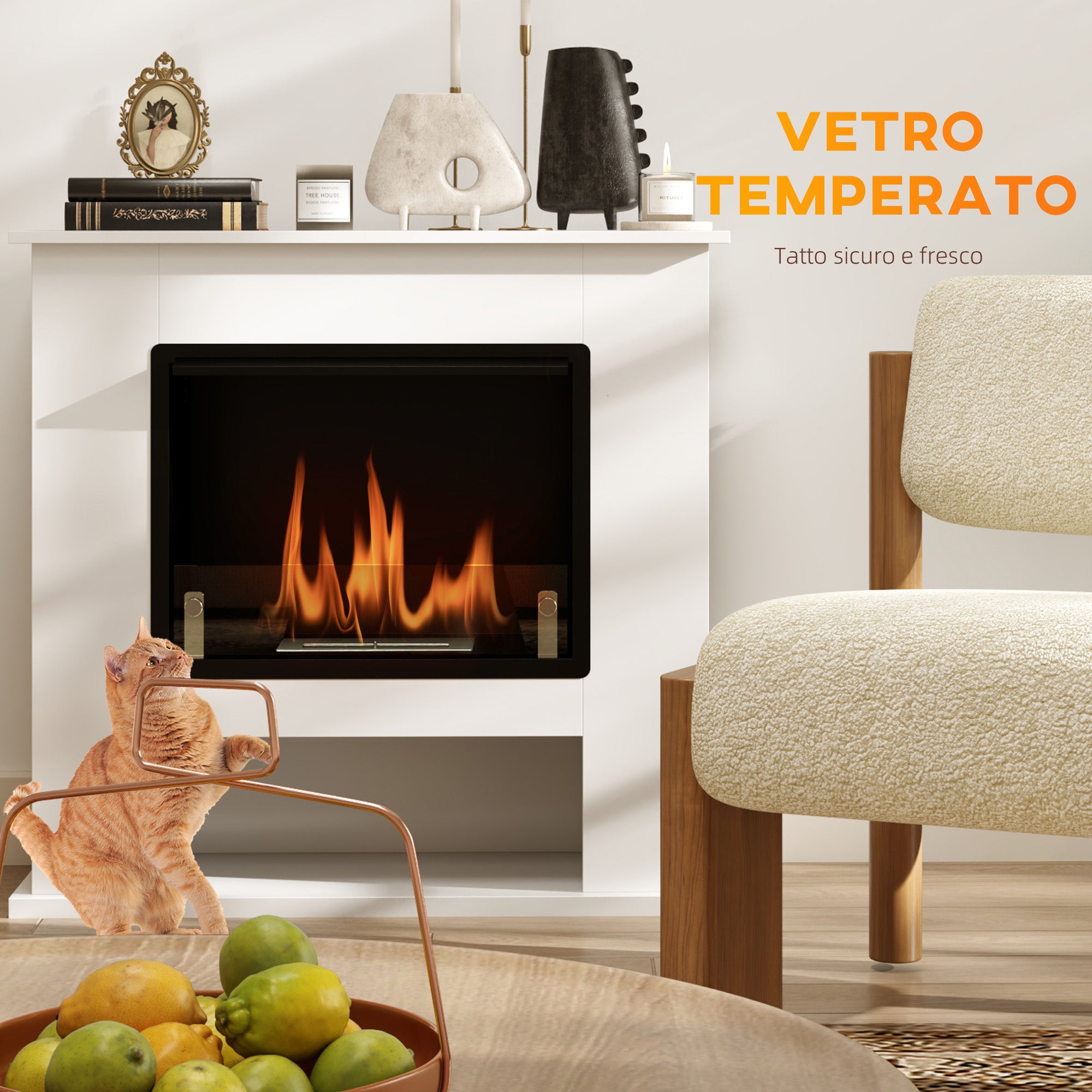 Bioethanol Fireplace 0.9L with Bottom Shelf, Stainless Steel and Tempered Glass, 86x30x82 cm, White