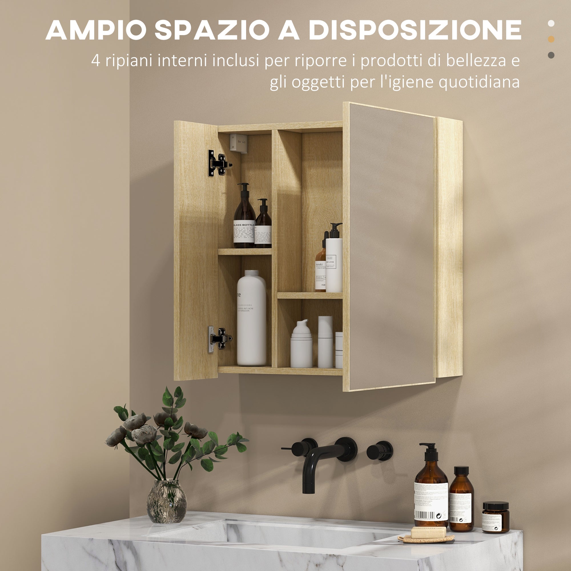 kleankin Bathroom Cabinet with Mirror and 4 Internal Shelves, in Chipboard, 60x15x60cm, Wood Color