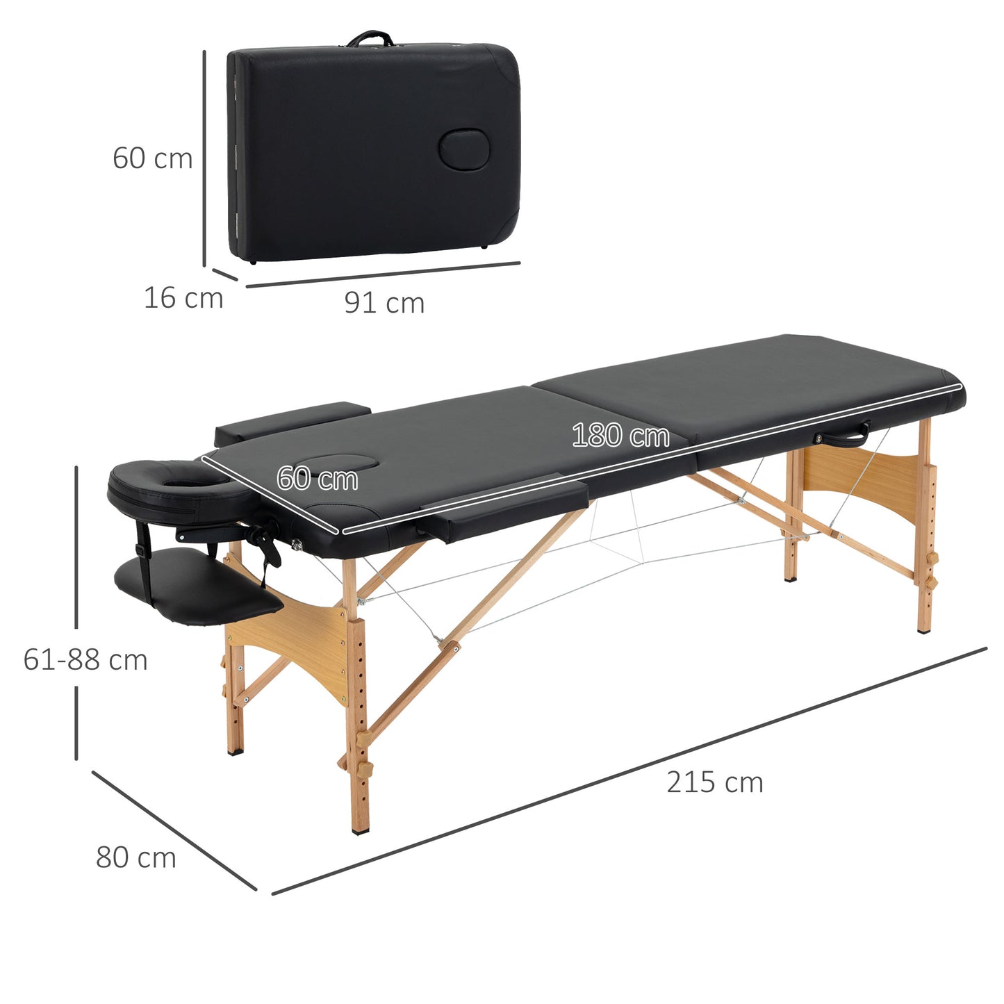 Professional Foldable Massage Table with Adjustable Height and Carrying Bag, Black - Borgè