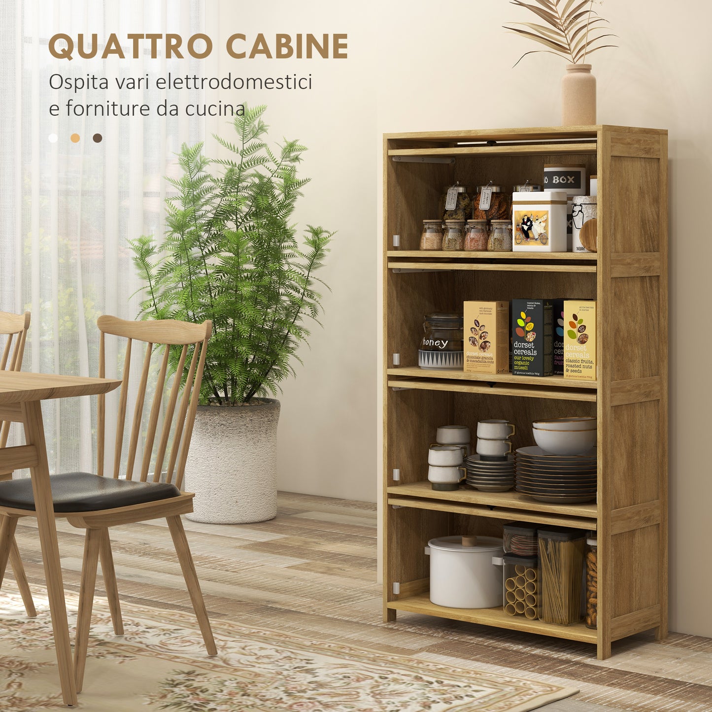 Boho Style Kitchen Cabinet with 4 Drop-Door Doors, Chipboard and Rattan, 70x32x132.8 cm - Borgè