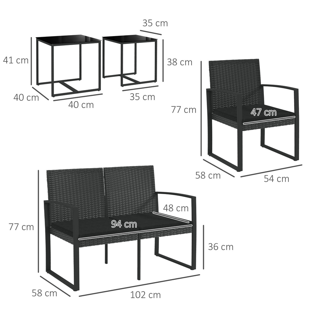 Outsunny garden set with 2 chairs, sofa and 2 tables with cushions and glass top, black - Borgè