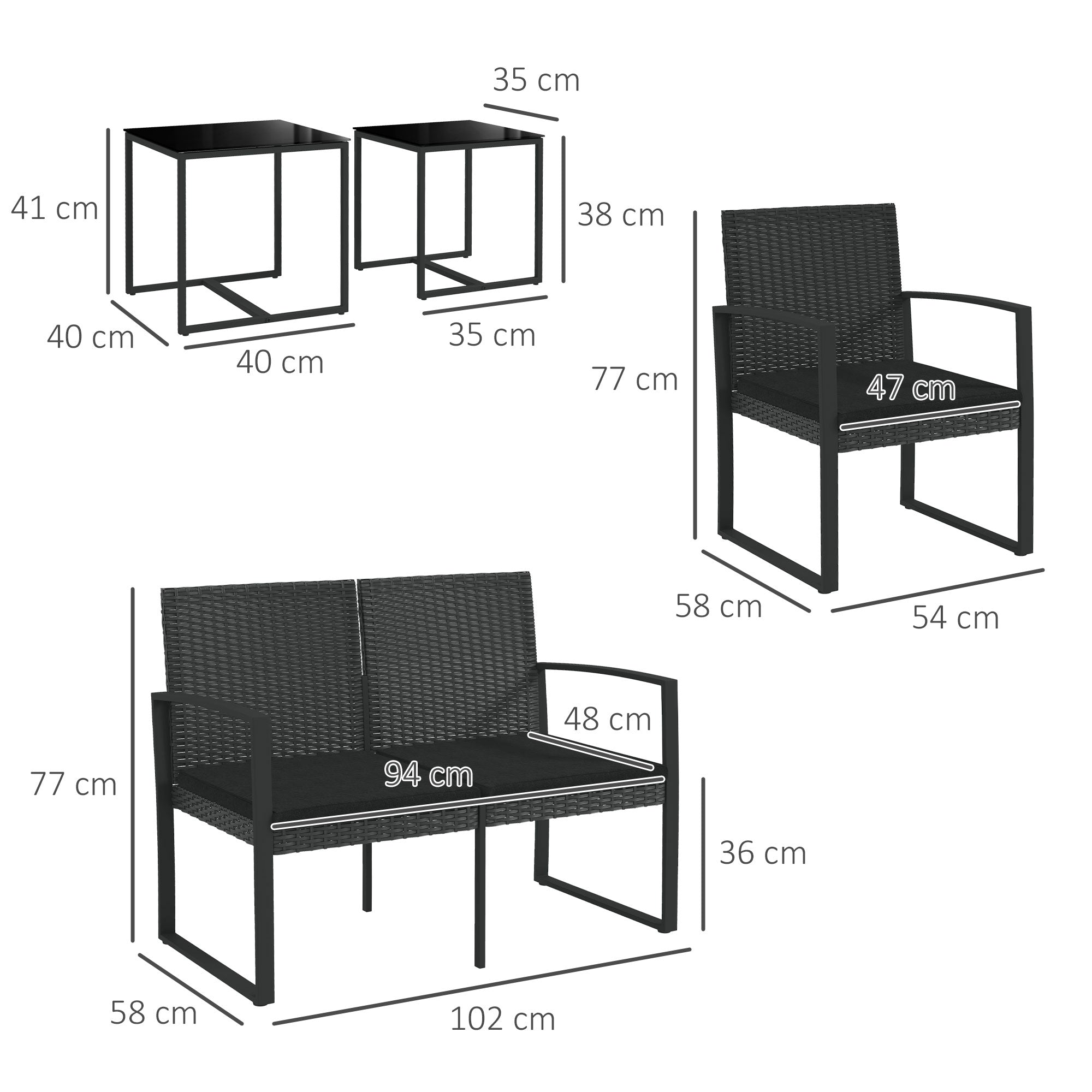 Outsunny garden set with 2 chairs, sofa and 2 tables with cushions and glass top, black - Borgè