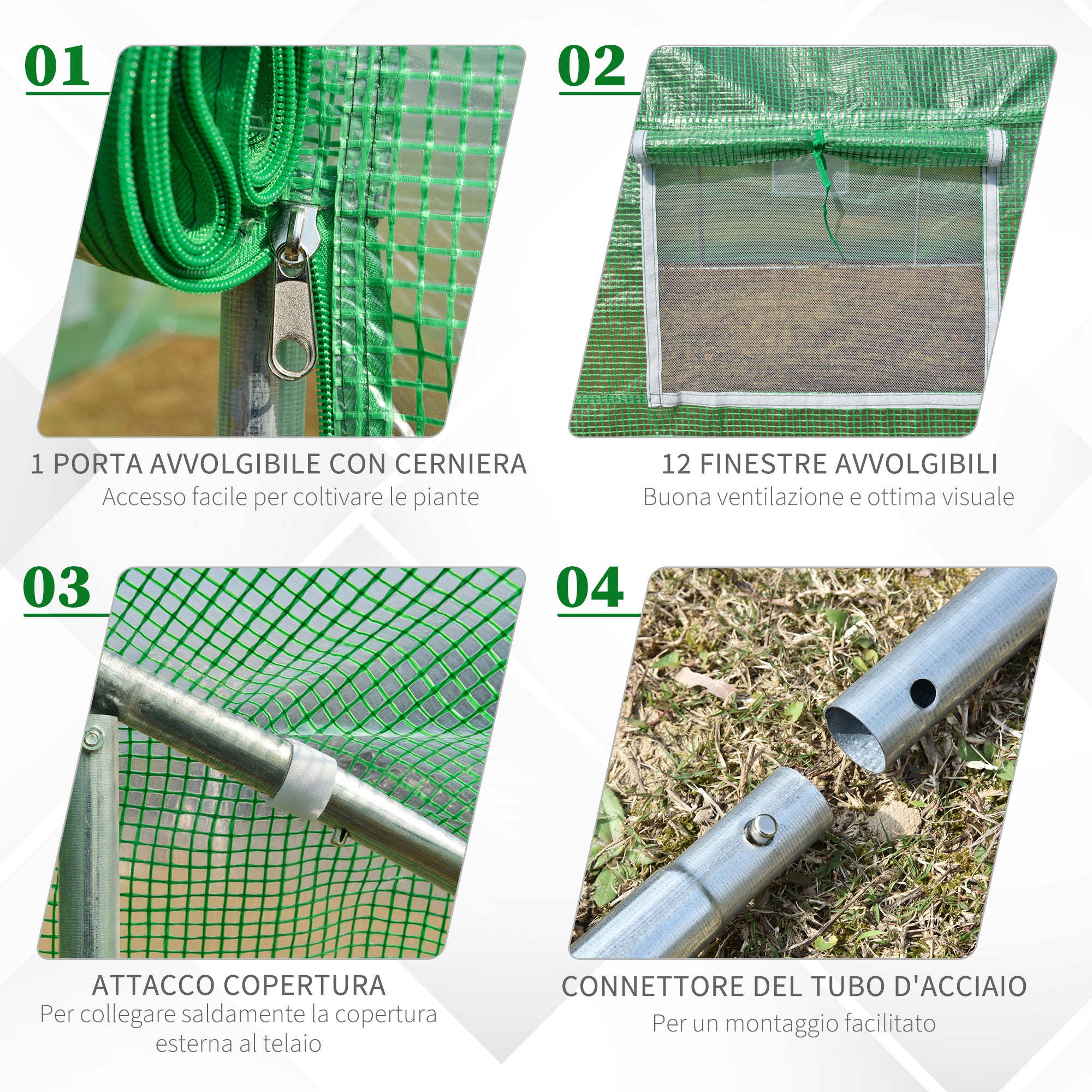 8x3x2m PE and Steel Tunnel Greenhouse with Roll-Up Door and Windows, Green