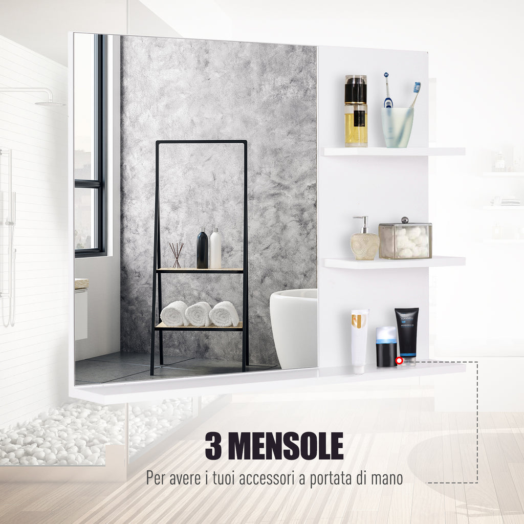 kleankin Bathroom Wall Cabinet 60 x 10 x 48cm, with Mirror and 3 Shelves, White MDF Wall Cabinet