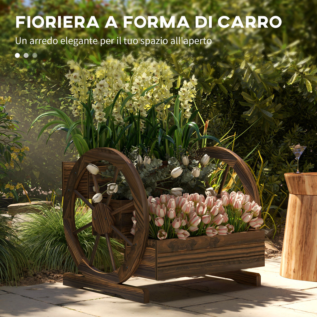 Outsunny 3-Tier Outdoor Planter with Decorative Wheels Made of Carbonized Fir Wood, 62x61x57 cm