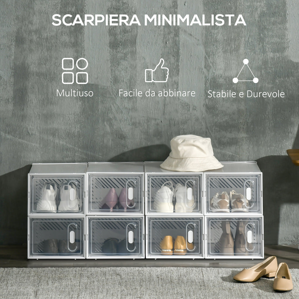 HOMCOM Modular Shoe Rack in PP with 8 Storage Cubes and Magnetic Door, 25x35x19 cm, White and Transparent