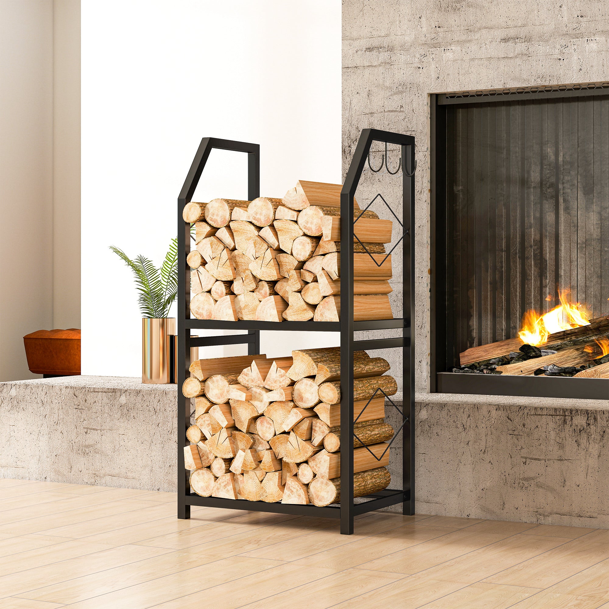 2-Tier Indoor and Outdoor Log Rack with 3 Side Hooks in Steel, 41x30x81 cm, Black