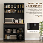 Tall Kitchen Sideboard with 4 Cabinets, 2 Drawers and Central Top, 100x40x180 cm, Black