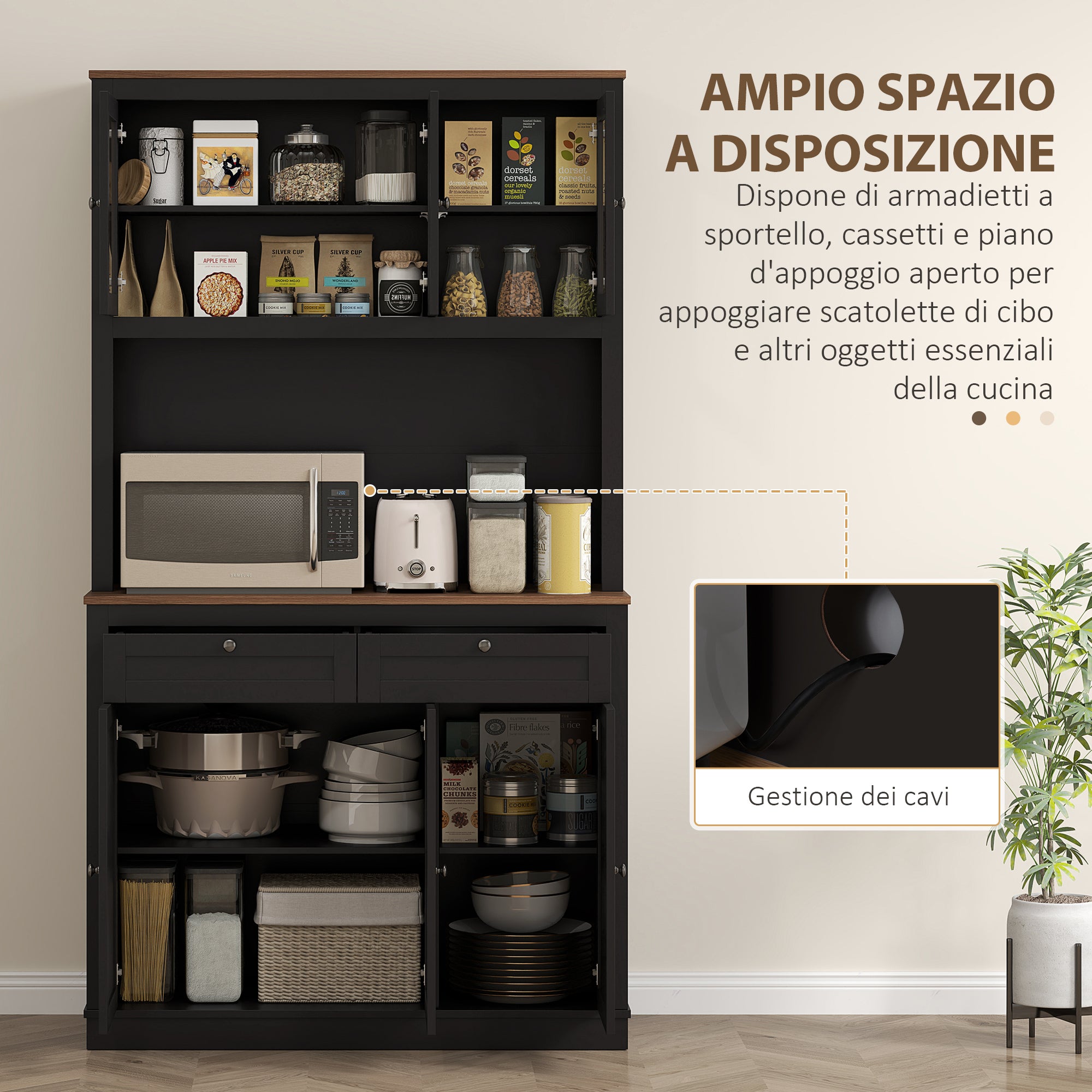 Tall Kitchen Sideboard with 4 Cabinets, 2 Drawers and Central Top, 100x40x180 cm, Black