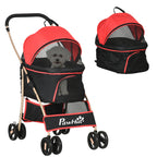 Convertible Dog Stroller with 2 Leashes and Cushion, in Steel and Polyester, 82x49.5x98 cm, Red and Black