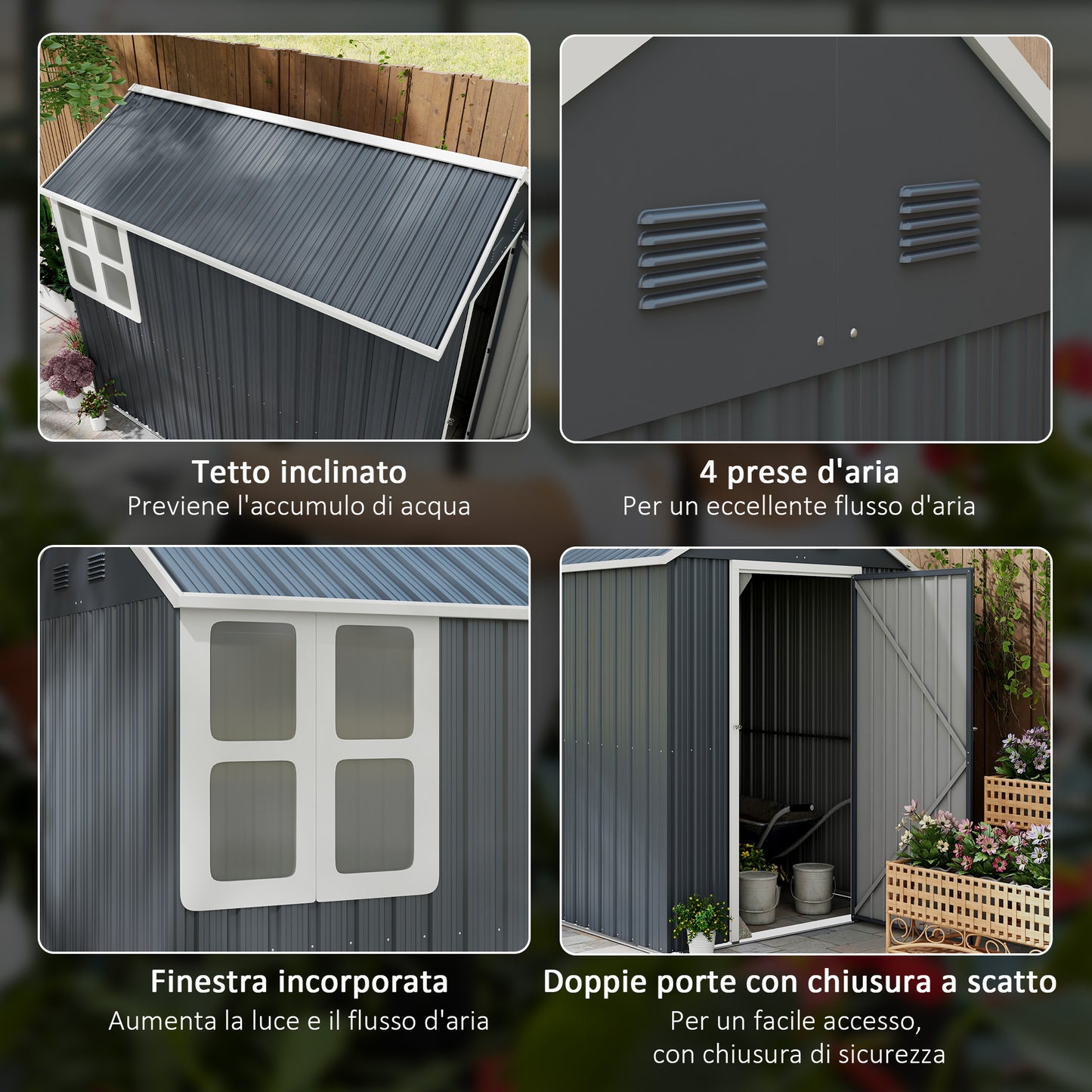 Garden Shed Tool Storage in Galvanized Steel and PP with Window, 259x172x222 cm, Grey and White