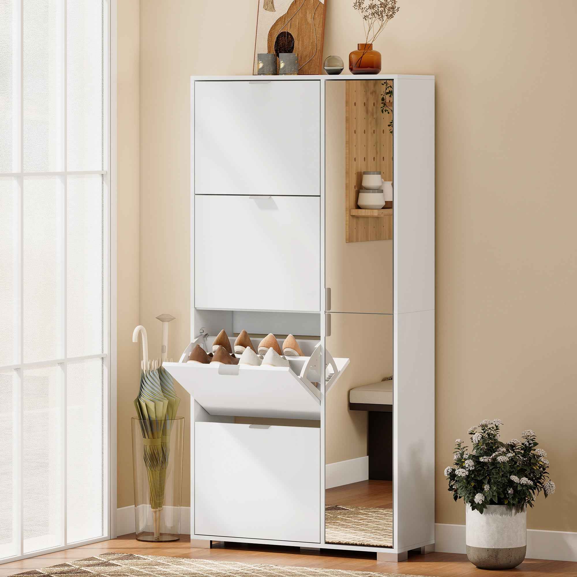 HOMCOM Shoe Rack with Mirror, 4 Drawers with Flap, Entrance Shoe Cabinet, White