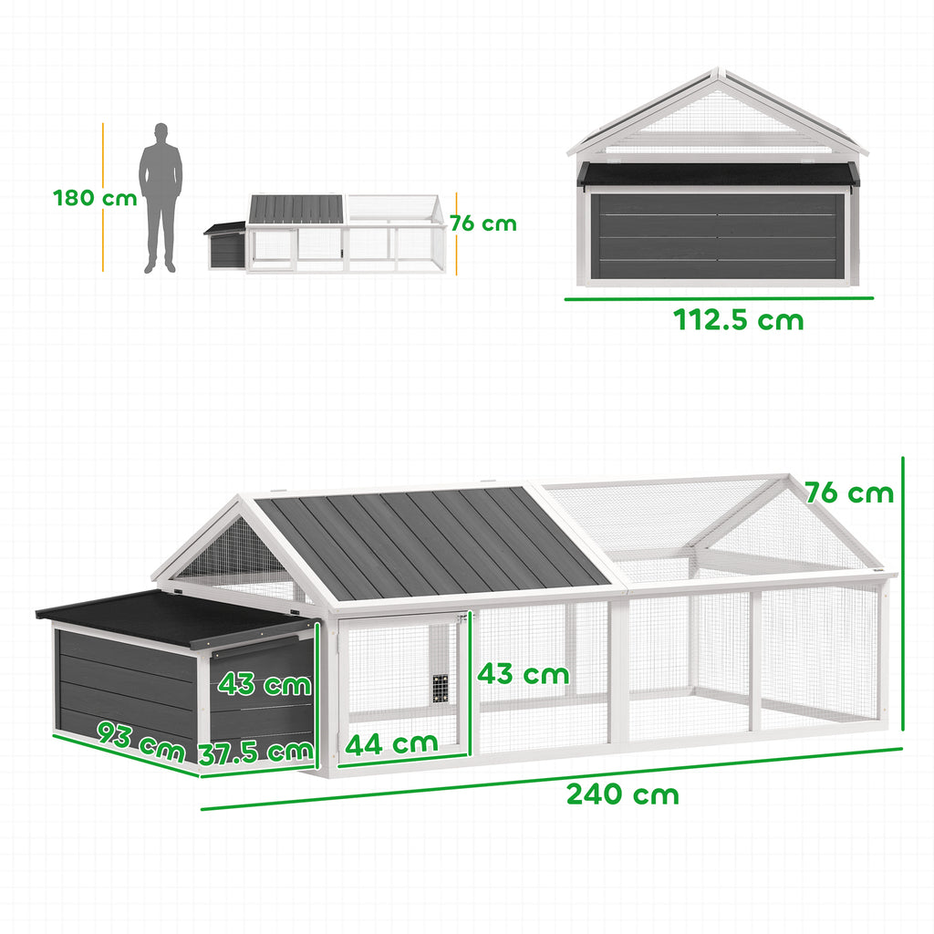 PawHut Wooden Chicken Coop for 4-8 Chickens with Wire Mesh and Opening Roof, 240x112.5x76 cm, White