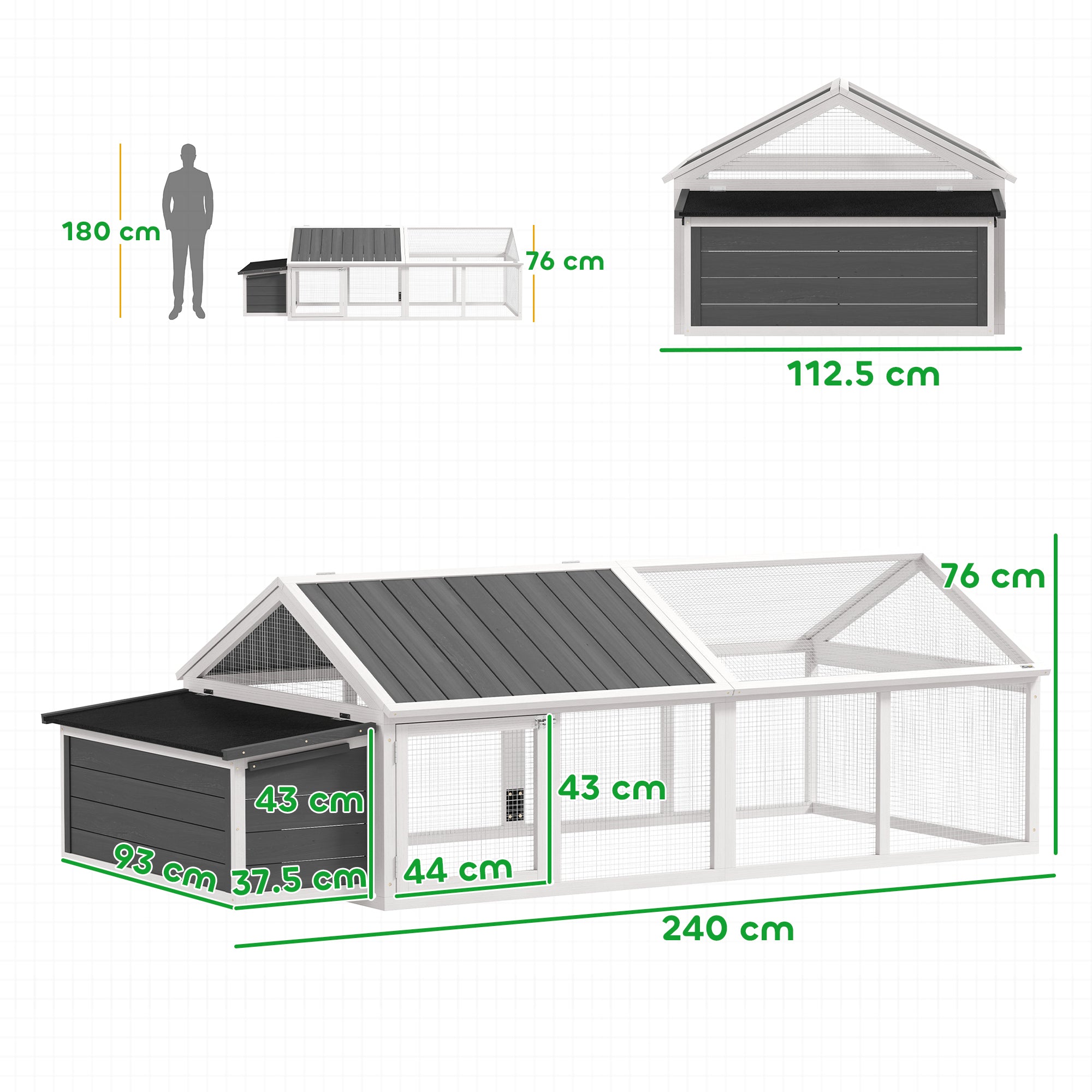 PawHut Wooden Chicken Coop for 4-8 Chickens with Wire Mesh and Opening Roof, 240x112.5x76 cm, White