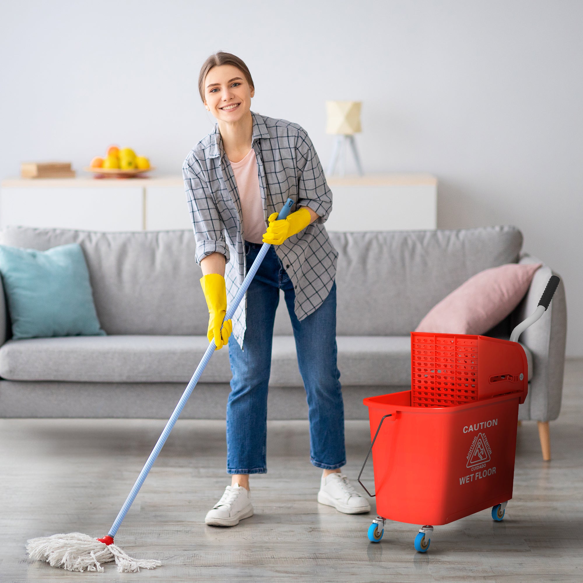 HOMCOM Cleaning Trolley Floor Mop with Wringer 60x27x70.5cm Red