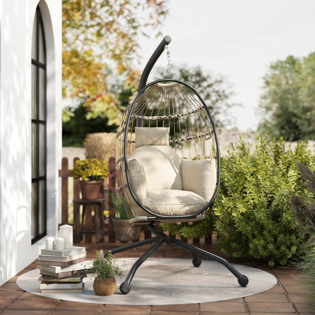 Hanging Egg Chair with Adjustable Hook, 2 Cushions and Folding Basket, 120x88x192 cm, Khaki