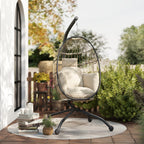 Hanging Egg Chair with Adjustable Hook, 2 Cushions and Folding Basket, 120x88x192 cm, Khaki