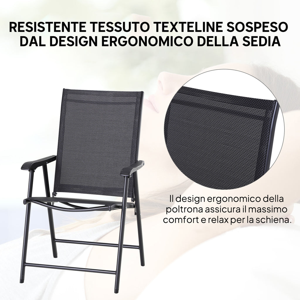Outsunny Set of 2 Folding Garden Chairs with Metal and Texteline Armrests, 58x64x94cm, Black