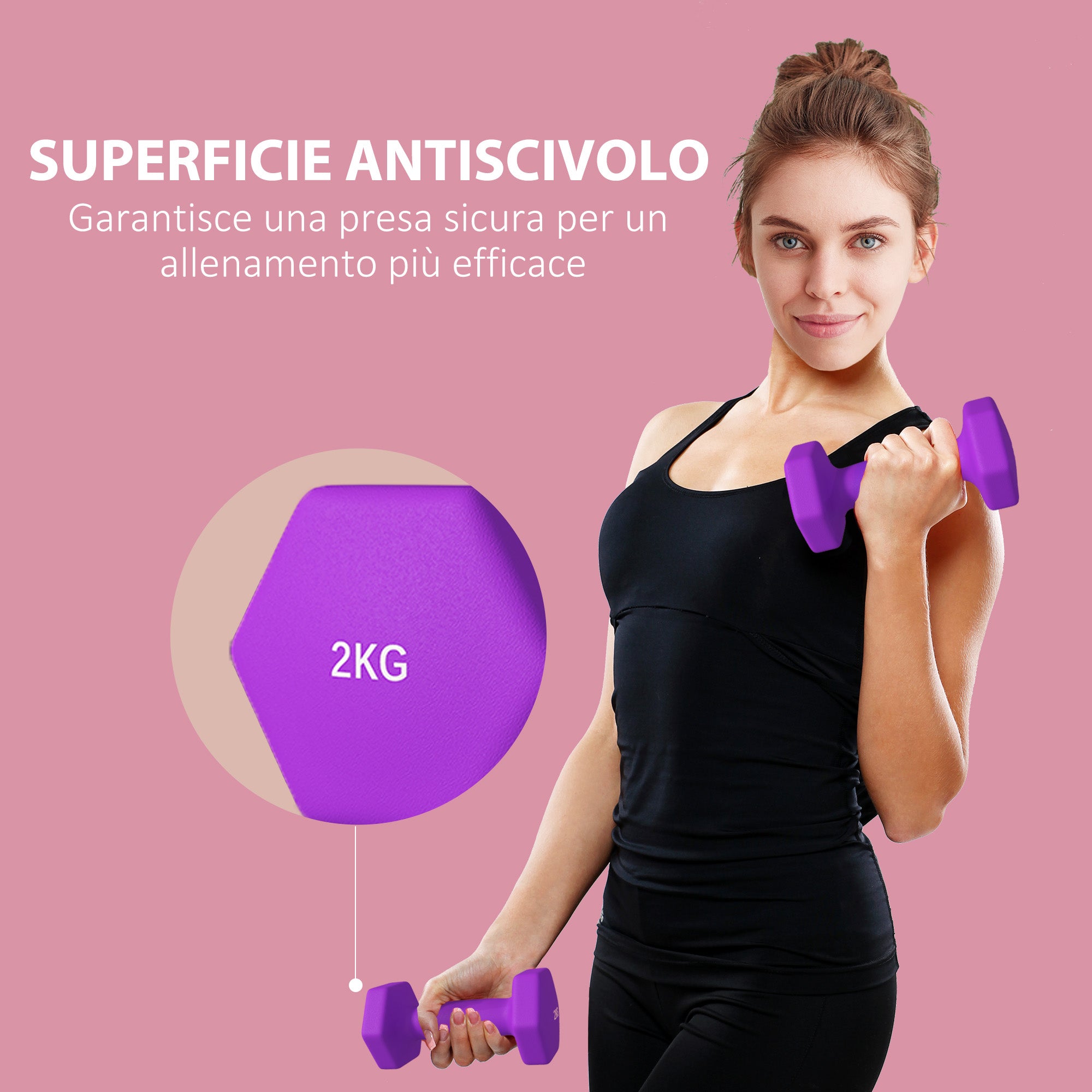 SPORTNOW Set of 2 Dumbbells 2x2 kg Hexagonal and Non-slip for Home and Gym, in Metal and Plastic, 16x7.5x7.5 cm, Purple