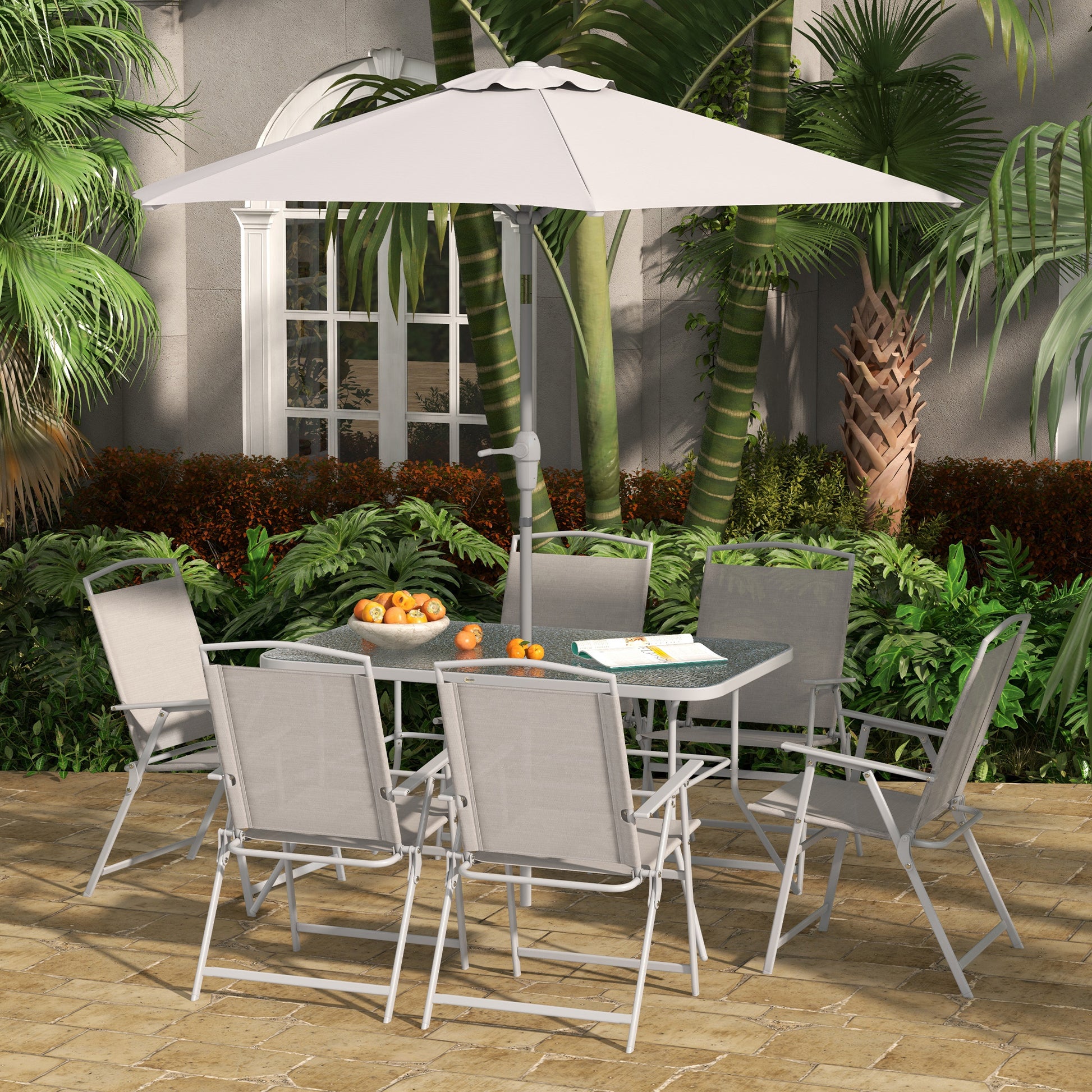 Outsunny Garden Set with Dining Table, 6 Folding Chairs and Crank Umbrella, Gray - Borgè