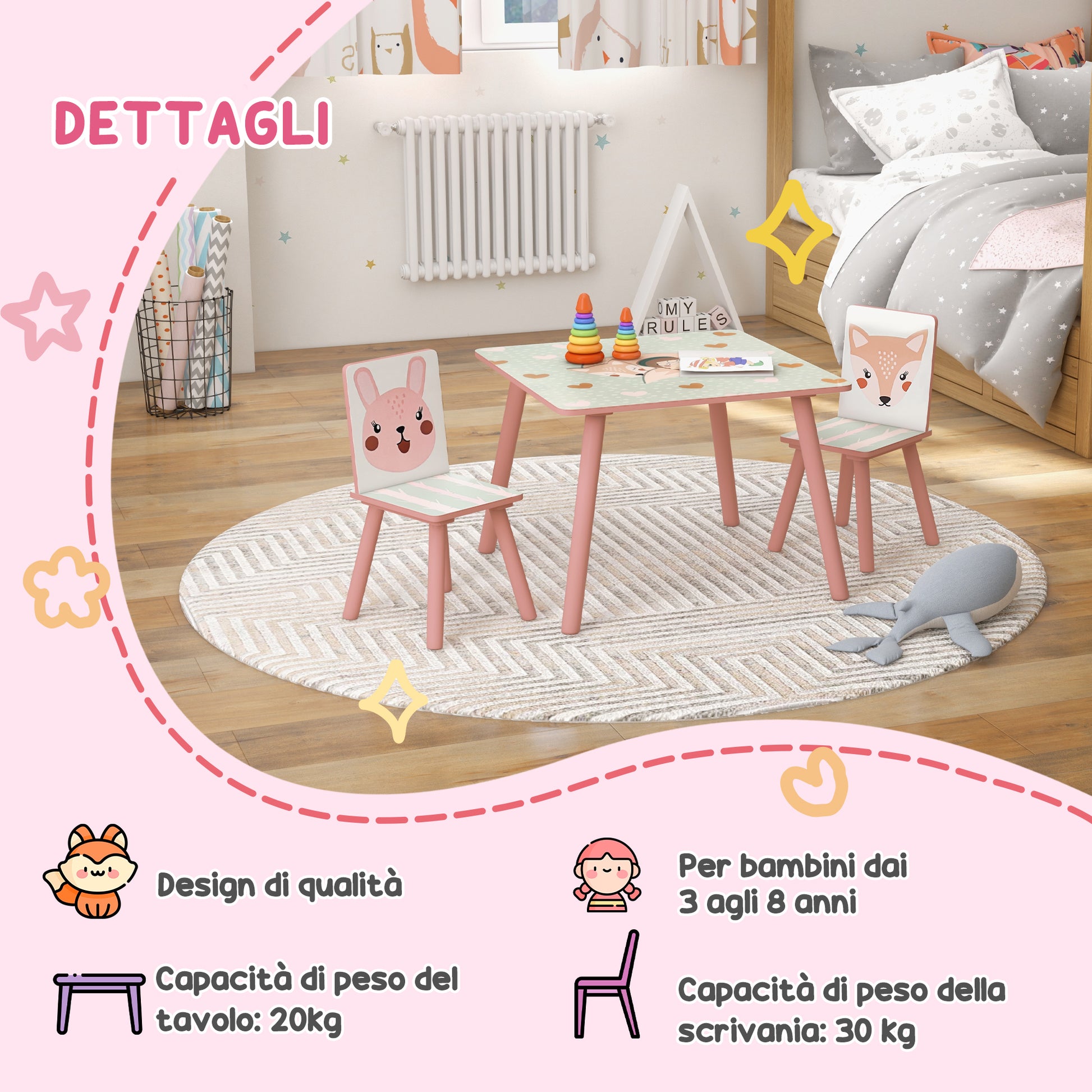 ZONEKIZ 3-piece table and chair set for children 3-8 years in MDF and pine wood with animal designs, pink - Borgè