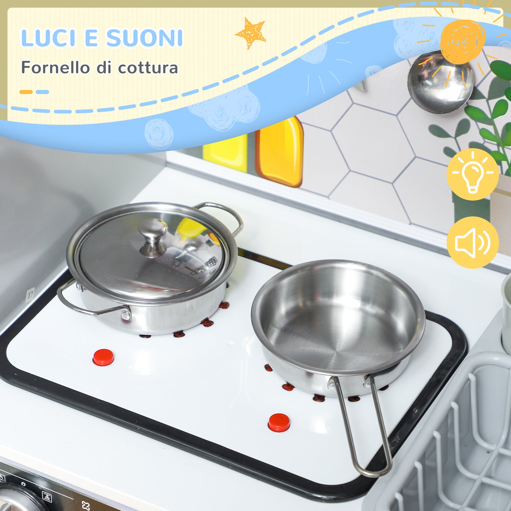 Wooden Toy Kitchen Set with Stove with Lights and Sounds, Sink with Water Circulation and Accessories, White