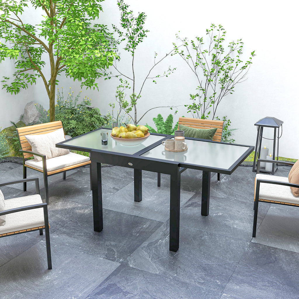 Extendable Garden Dining Table with Glass and Aluminum Top, 80-160x80x75 cm, Black and Transparent