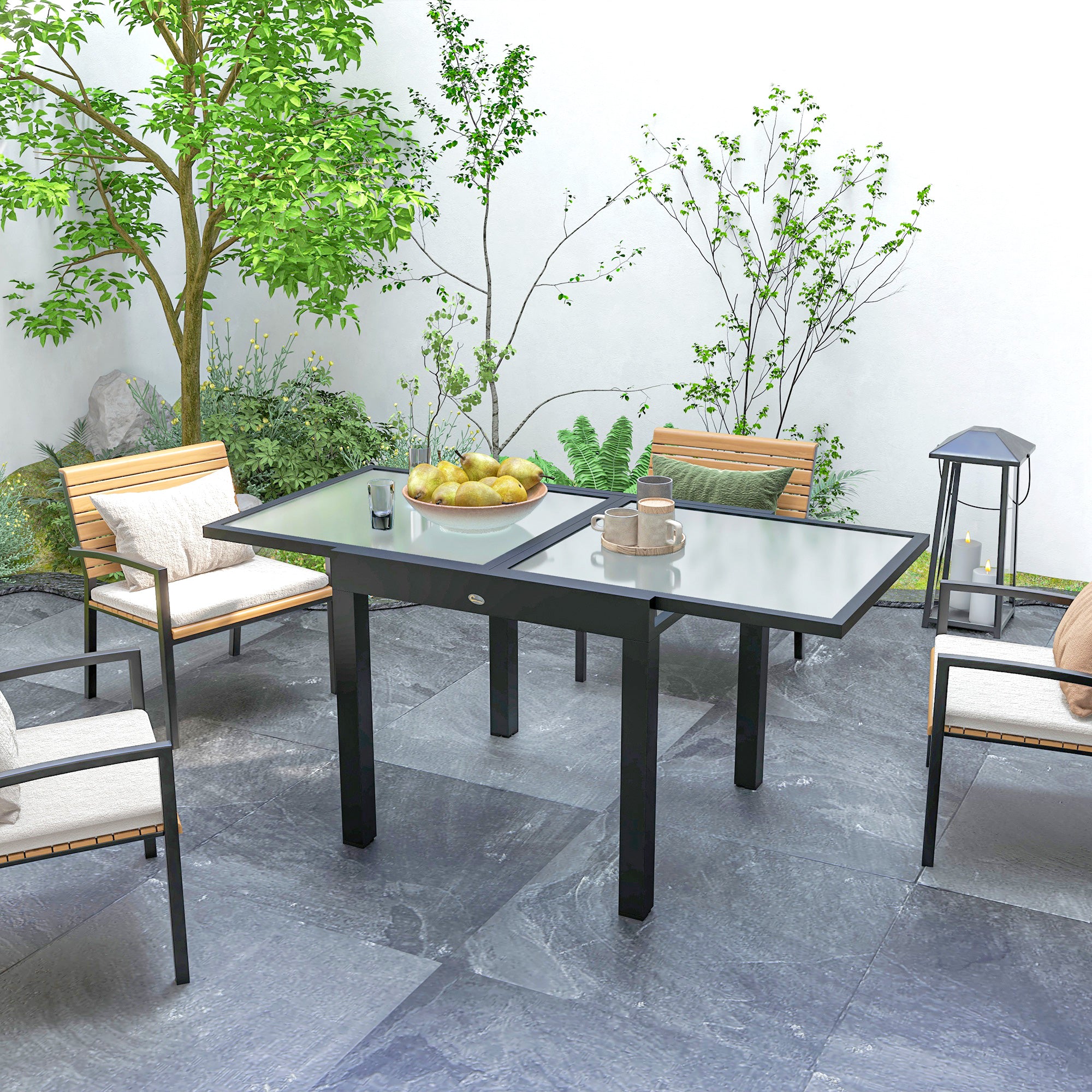 Extendable Garden Dining Table with Glass and Aluminum Top, 80-160x80x75 cm, Black and Transparent