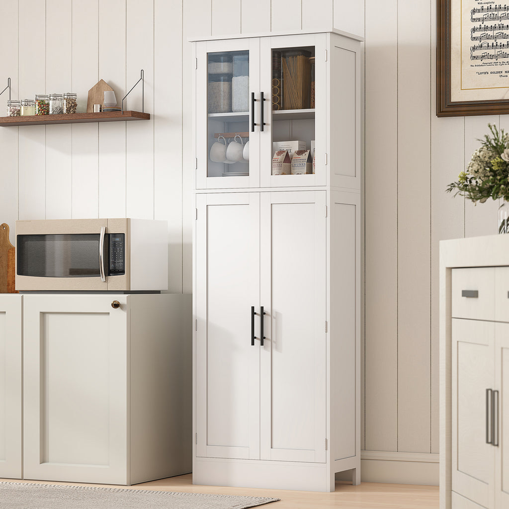 Tall Bathroom Cabinet with Adjustable Shelves, Glass and Wood Doors, 60x30x170 cm, White