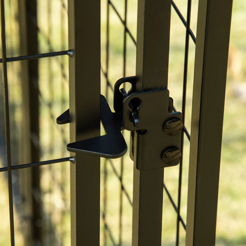 Lockable Outdoor Dog Playpen with 2 Rotating Bowls and Removable Cover, Black and Red