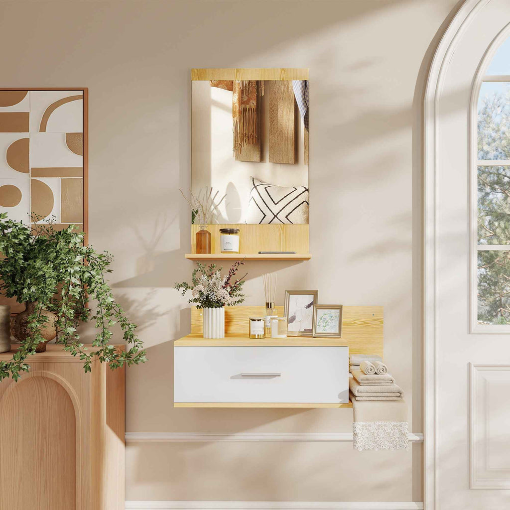 Hallway Set with Mirror, Shelf, Wall Cabinet with Drawer and 2 Open Shelves, Wood and Glass