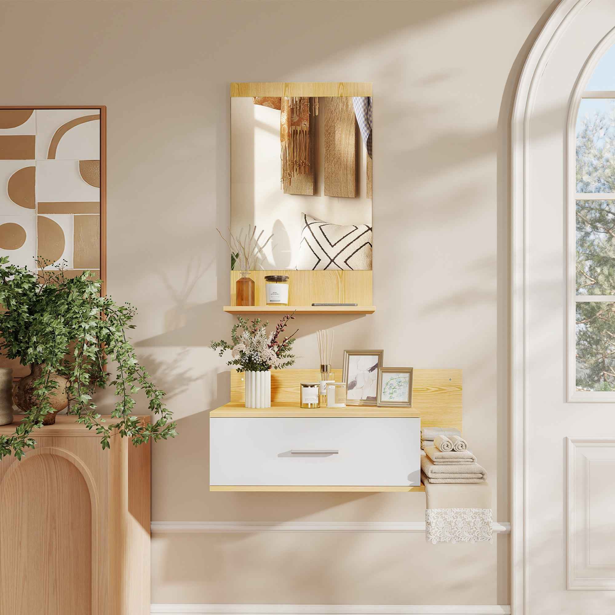 Hallway Set with Mirror, Shelf, Wall Cabinet with Drawer and 2 Open Shelves, Wood and Glass