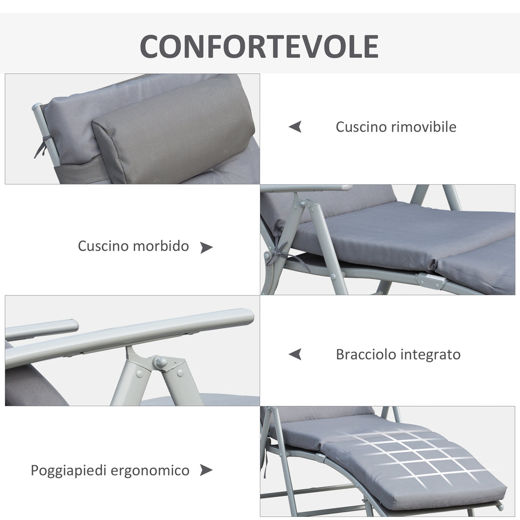 Folding Garden Lounger with Mattress and Cushion, 7-Reclining Backrest, 137x63.5x100.5cm, Grey