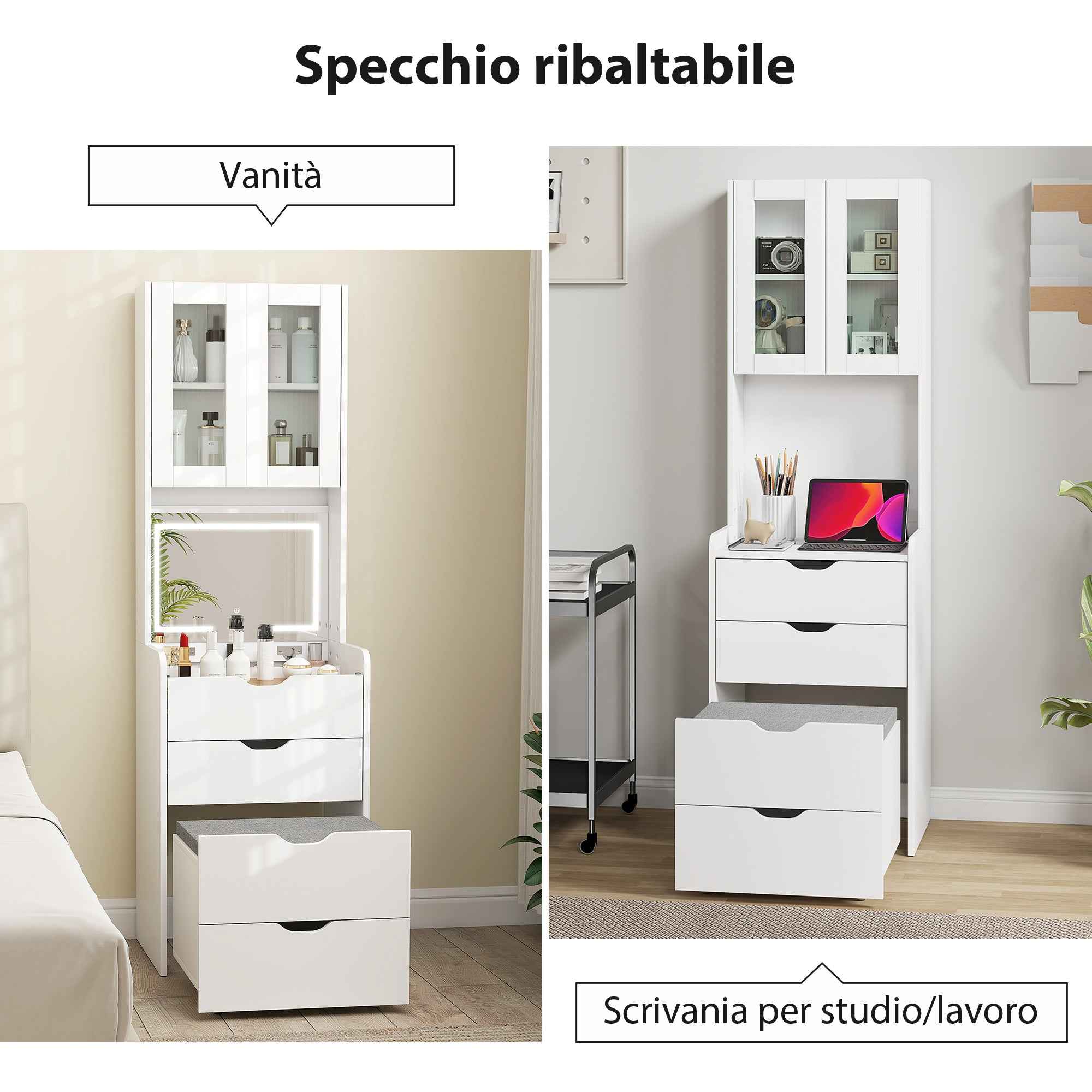 HOMCOM Makeup Vanity Table with Illuminated Mirror and Stool, Adjustable Light, Drawers and Cabinet, White